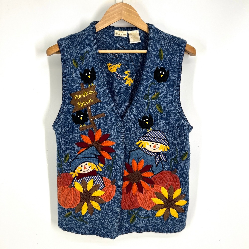 Bobbie Brooks Vintage Fall Scarecrow Pumpkin Patch Knit Sweater Vest Blue Large
